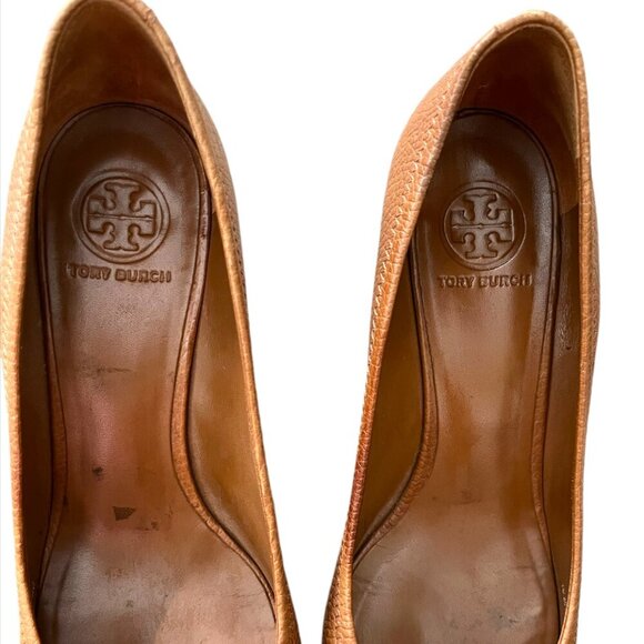 Tory Burch Natalya Pebbled Leather Saddle Brown Pumps Wedges - Picture 7 of 10